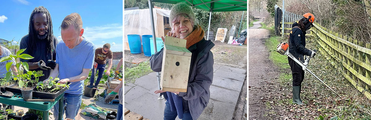 Collage of three photos of people working outdoors. First photo shows two men working with plants in trays, second photo shows woman holding bird box, third photo shows persom with electric strimmer.