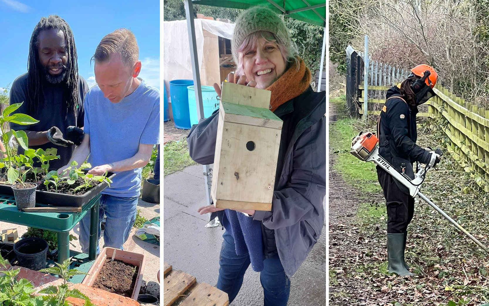 Collage of three photos of people working outdoors. First photo shows two men working with plants in trays, second photo shows woman holding bird box, third photo shows persom with electric strimmer.